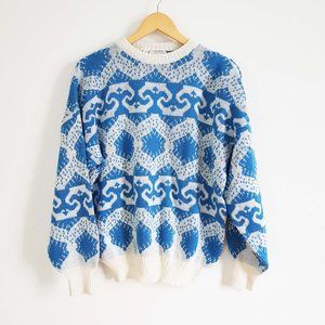 Vintage White Blue Wool Ski Sweater Size M Blue Wool Coogi Style Sweater